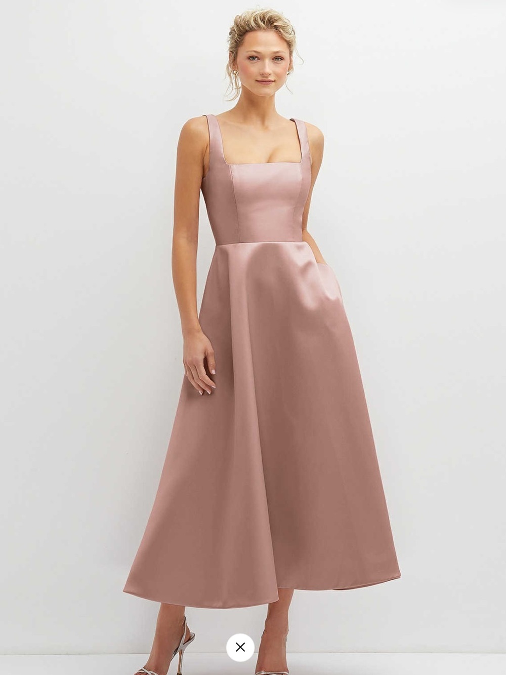Dessy Collection Square Neck Full Skirt Pockets Satin Twill Nude Midi Dress 2